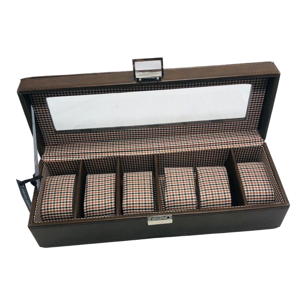 Drexel Heritage Mens Brown Leather Watch‎ Display Jewelry Valet Case Plaid Gift